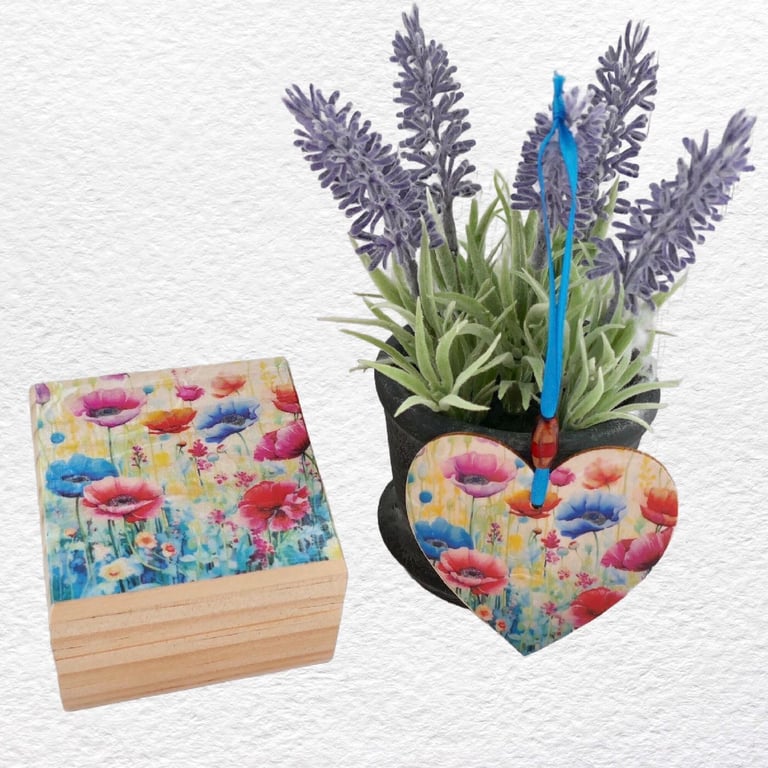 Poppies: Decorated Wooden Ring Trinket Box 7cm & Hanging Heart