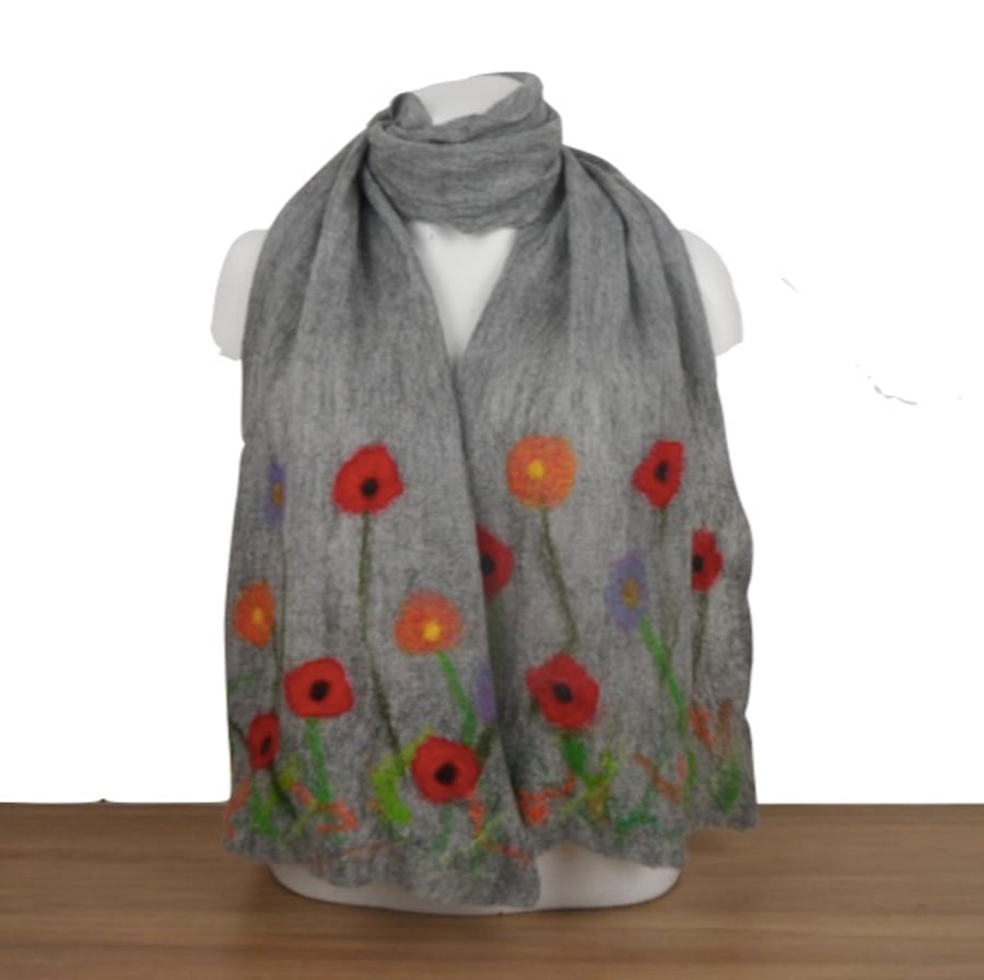 Grey merino wool on silk nuno felted scarf, long with floral pattern, gift boxed