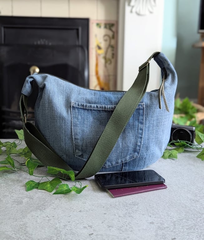 Recycled Denim Dumpling Bag - Jeans Cross Body Sling Bag with Green Straps