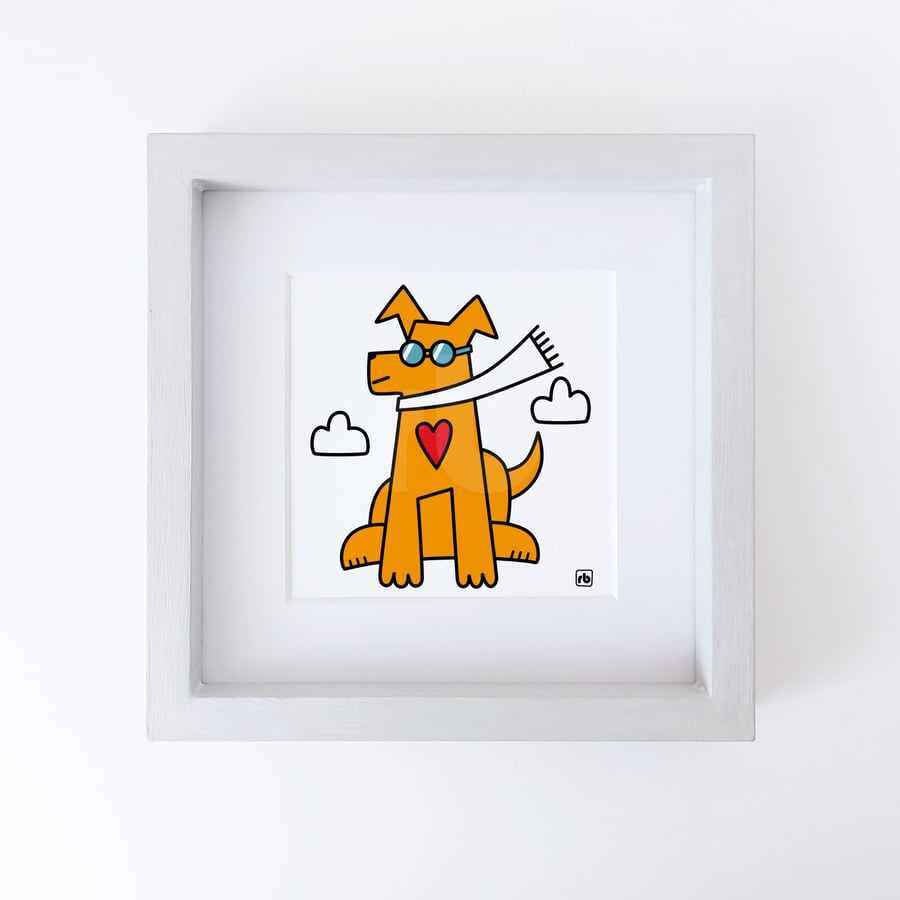 Flying High, dog with sunglasses and scarf, Giclee print