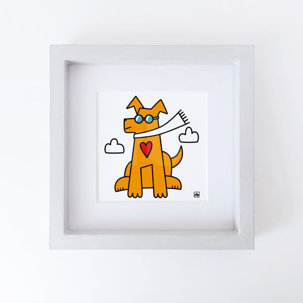 Flying High, dog with sunglasses and scarf, Giclee print
