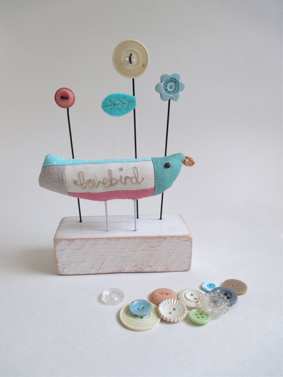 SALE - Fabric Patchwork Love Bird with Button and Clay Flowers