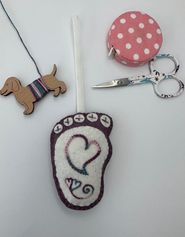 Hanging new baby footprint, hearts, first Christmas, bauble, embroidered nursery