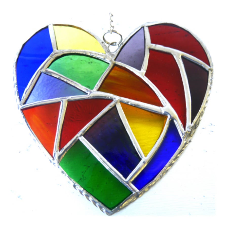 Fat Patchwork Heart Suncatcher Rainbow Stained Glass Handmade 022