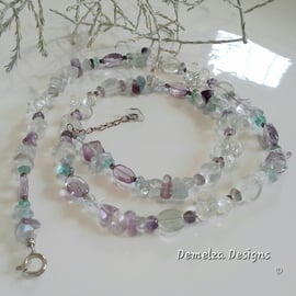 Amethyst, Prazalite, Soilite & Multicoloured Fluorite Sterling Silver Necklace