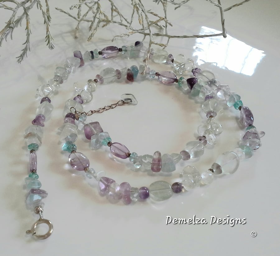 Amethyst, Prazalite, Soilite & Multicoloured Fluorite Sterling Silver Necklace