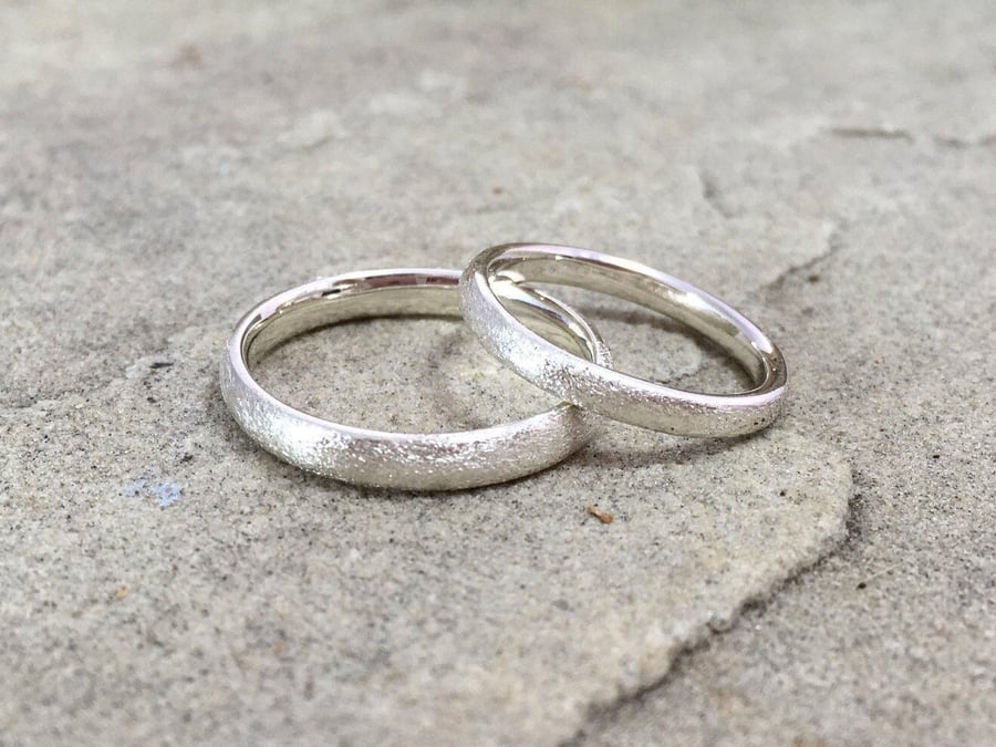 Handmade Silver Frosted Halo Wedding Rings