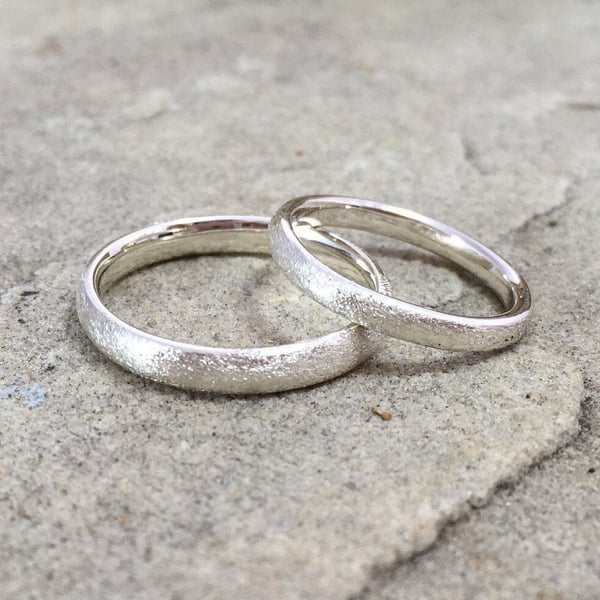 Handmade Silver Frosted Halo Wedding Rings