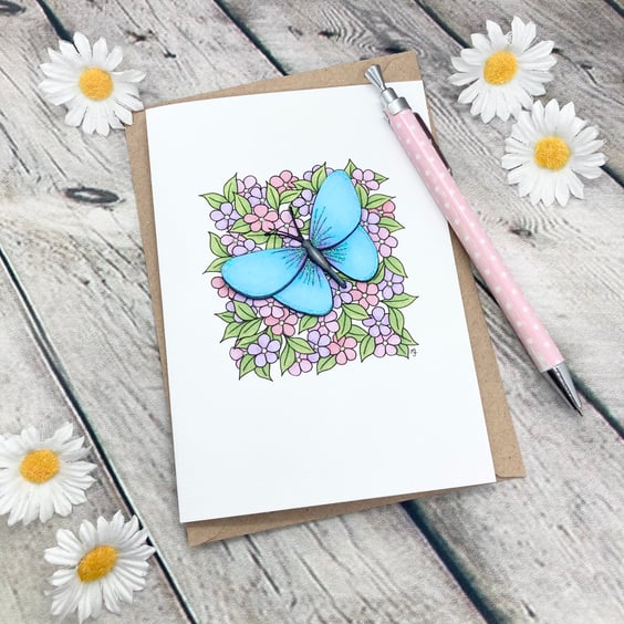 Blue Butterfly & Small Flowers Card - Blank - Birthday- Any Occasion