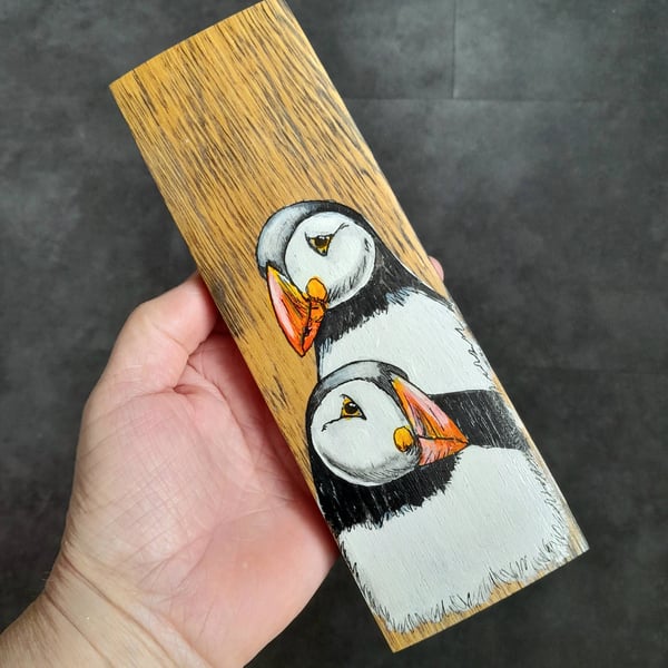Hand Painted Reclaimed Whisky Barrel Stave - Puffins