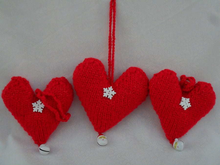 Three Red Christmas Heart Decorations 
