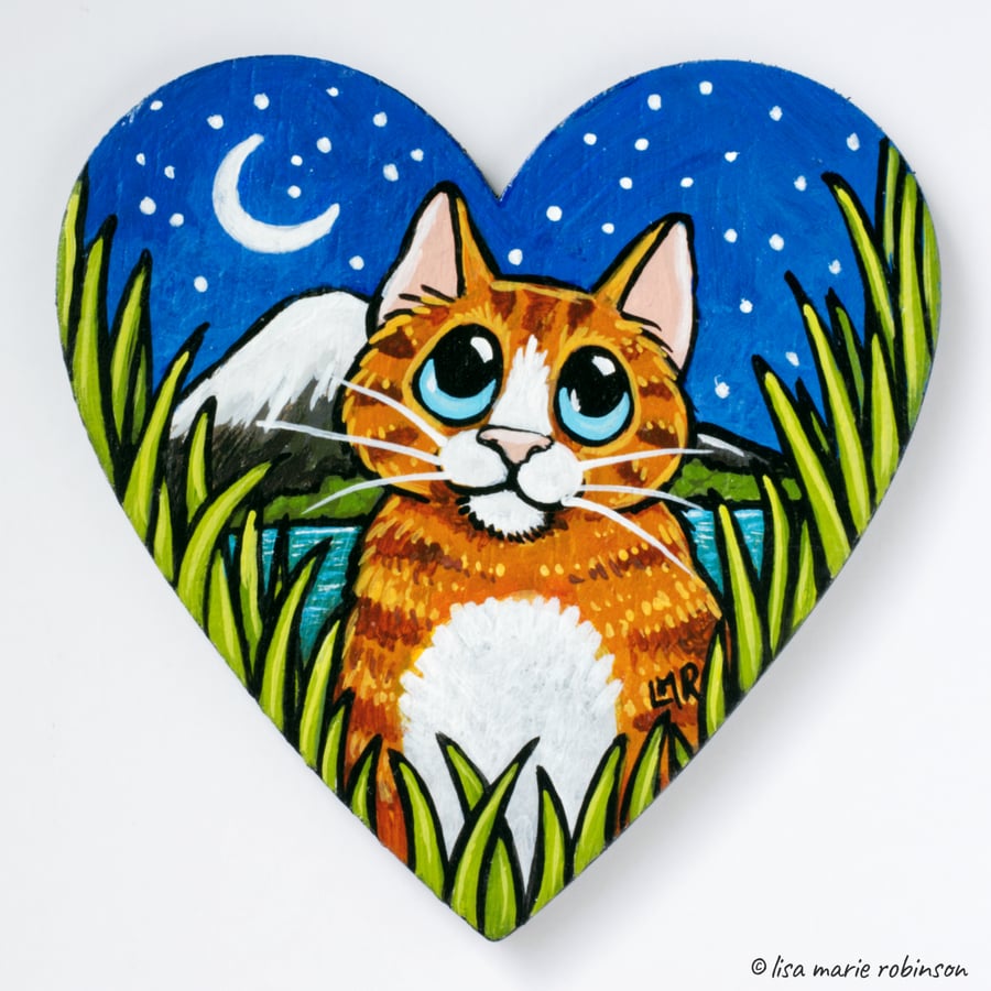 Ginger Tabby Cat Mountain Moon - Hand Painted Magnetic Heart Art Fridge Magnet