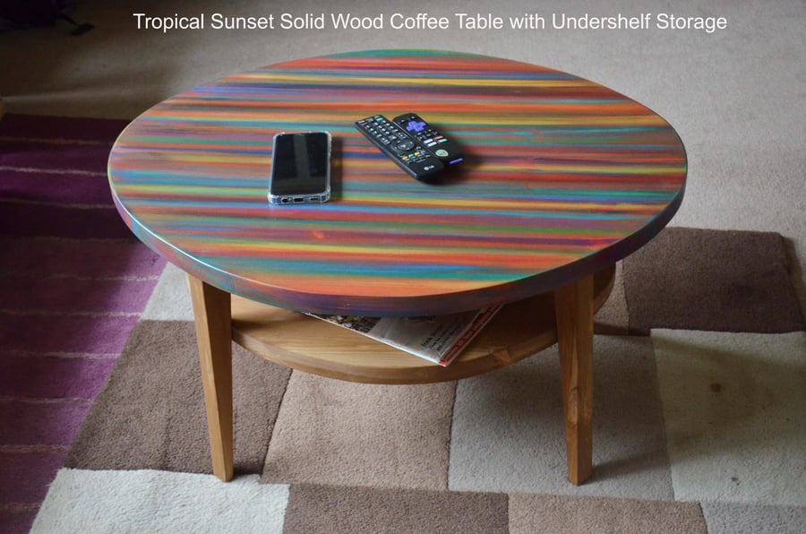 Tropical Sunset Oval Wood Coffee Table with Useful Under Shelf Storage 