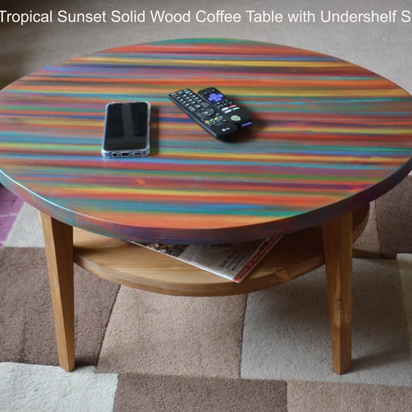 Tropical Sunset Oval Wood Coffee Table with Useful Under Shelf Storage 