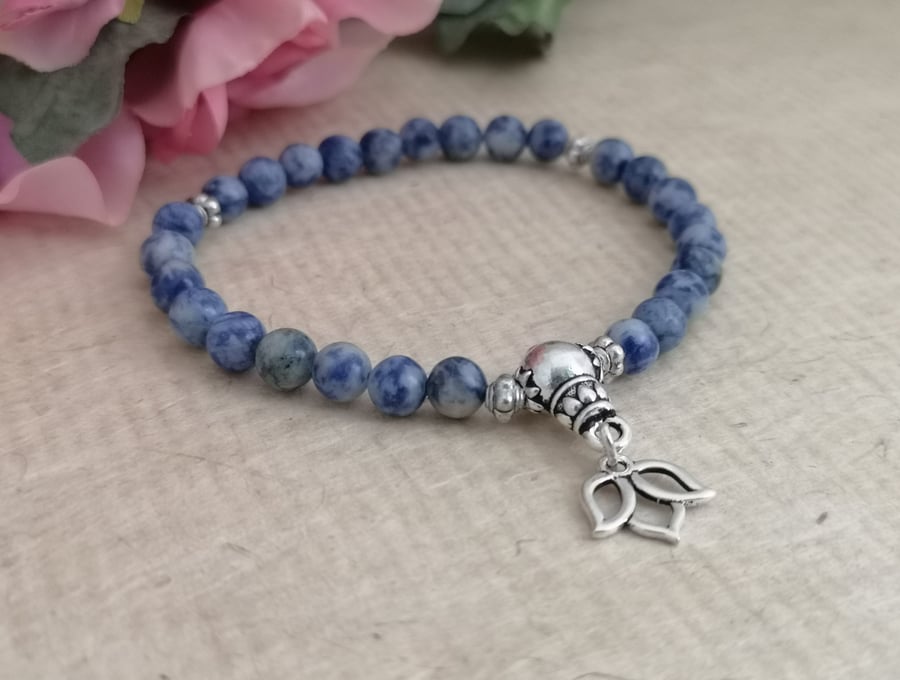 27 bead sodalite mala bracelet with lotus charm and silver accents
