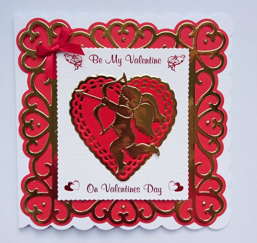 Be My Valentine on Valentines Day Cute Gold Cupid 3D Luxury Handmade Card