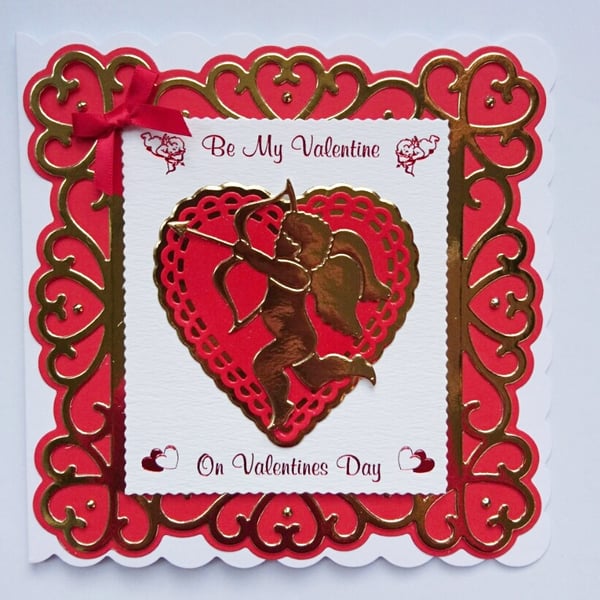 Be My Valentine on Valentines Day Cute Gold Cupid 3D Luxury Handmade Card
