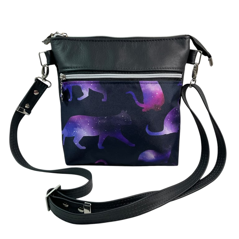 handbag in genuine cows Leather and cat print water resistant canvas, medium 