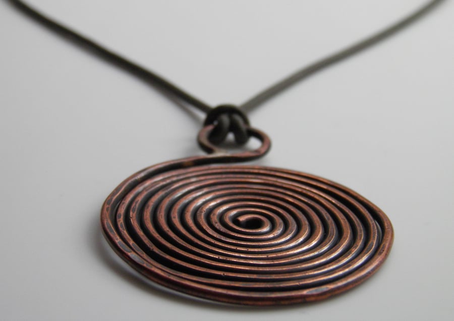 Copper Spiral Necklace on Leather Large Handcrafted Statement 