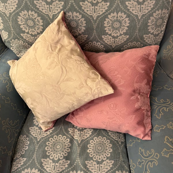 Handmade Reversible Pink and White Damask Cushion