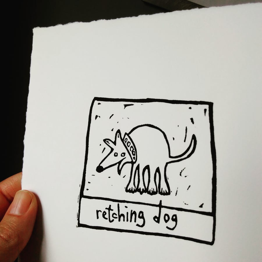 Retching Dog, original lino print