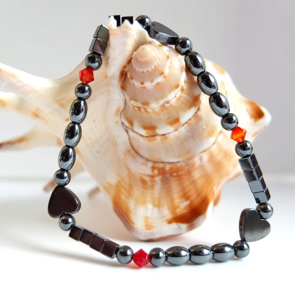 Hematite Heart Bracelet With Swarovski Fire Opal Crystals - Handmade in Devon.