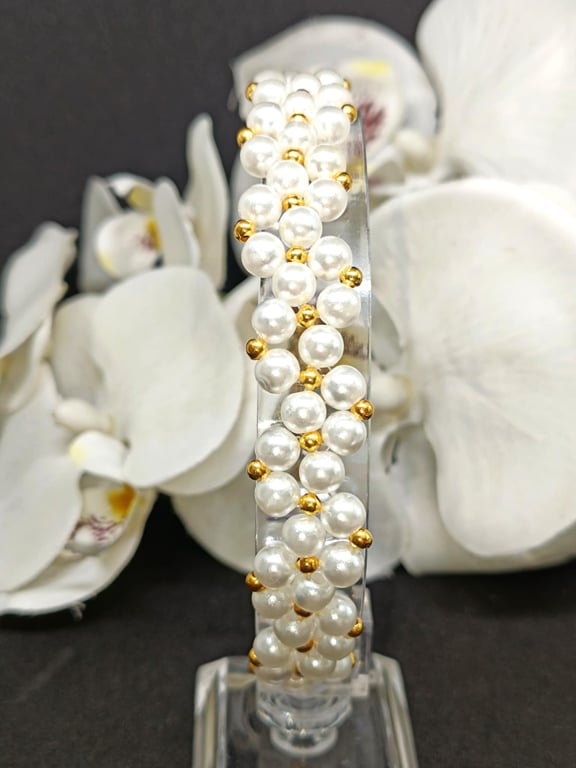 Pearl and Gold Seed Bead Bracelet - Hand Sewn Adjustable Bracelet with Slider