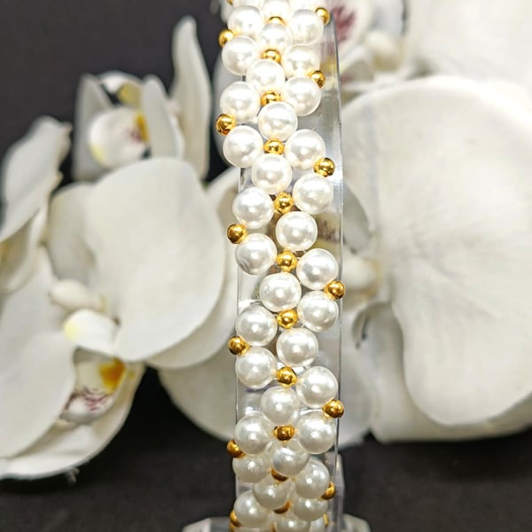 Pearl and Gold Seed Bead Bracelet - Hand Sewn Adjustable Bracelet with Slider