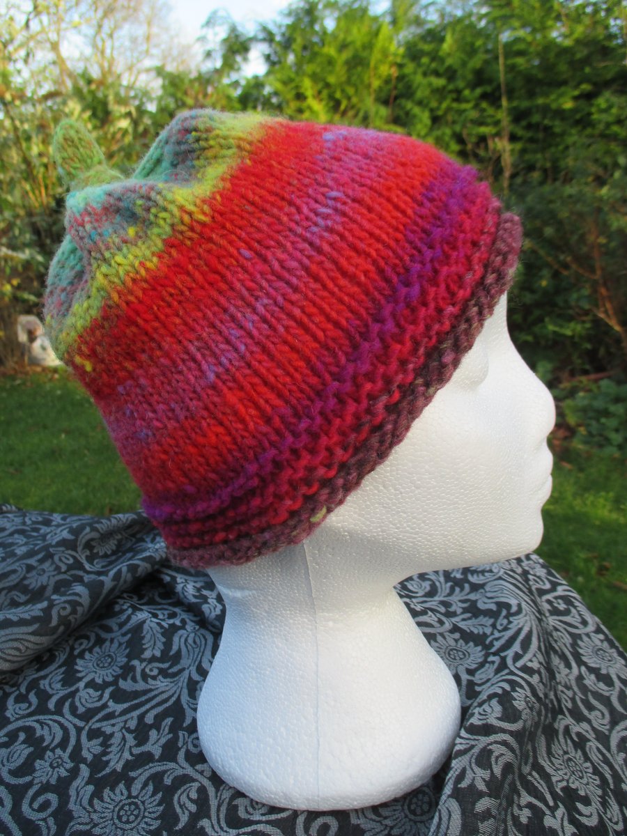 Handknit 100% WOOL NORO KNOTTY TOP BEANIE SMALL