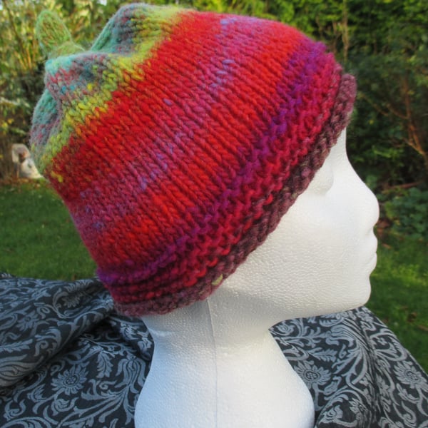 Handknit 100% WOOL NORO KNOTTY TOP BEANIE SMALL