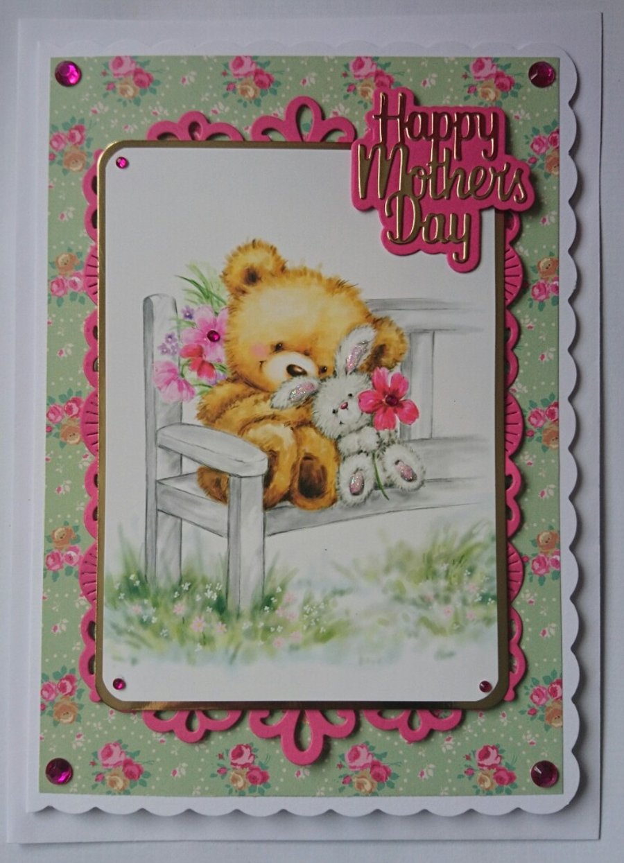 Happy Mother's Day Card Cute Teddy and Bunny Rabbit 3D Luxury Handmade Card
