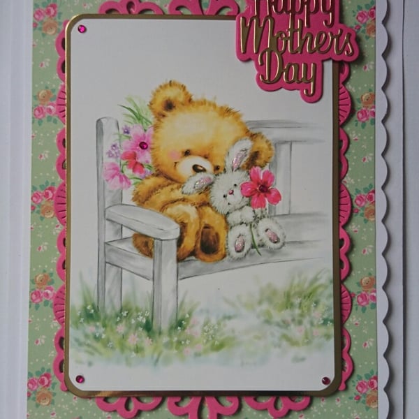 Happy Mother's Day Card Cute Teddy and Bunny Rabbit 3D Luxury Handmade Card