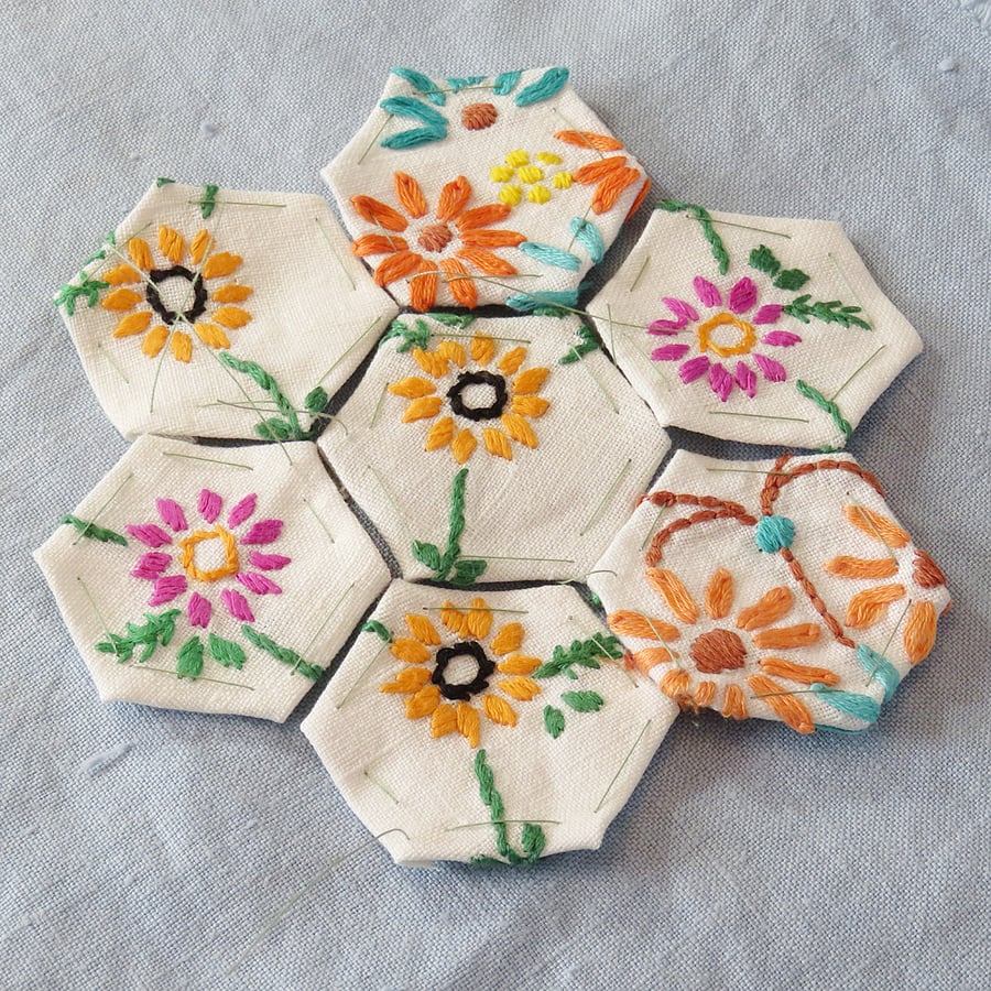 Hexagonal patchwork pieces - Bright Golds vintage embroidered linen tacked