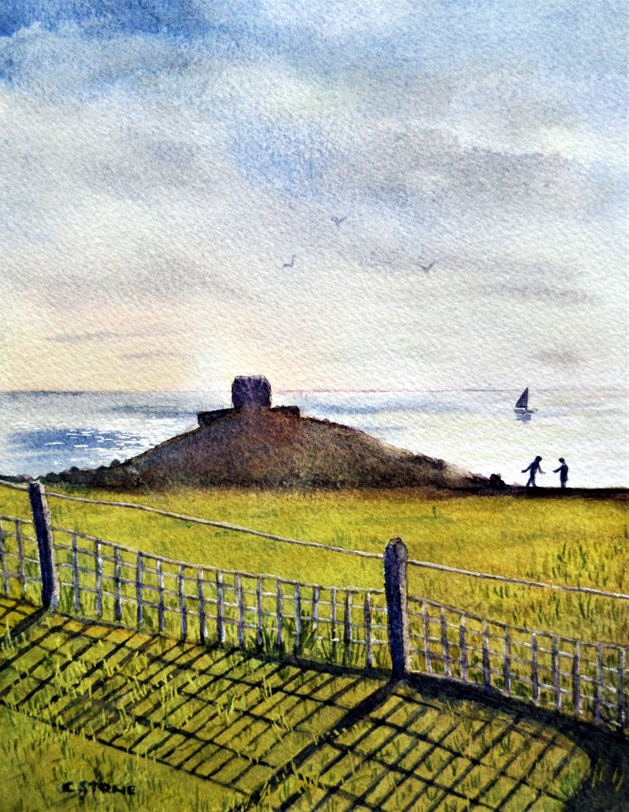 Small watercolour painting, Rame Head, Cornwall in the Late Afternoon