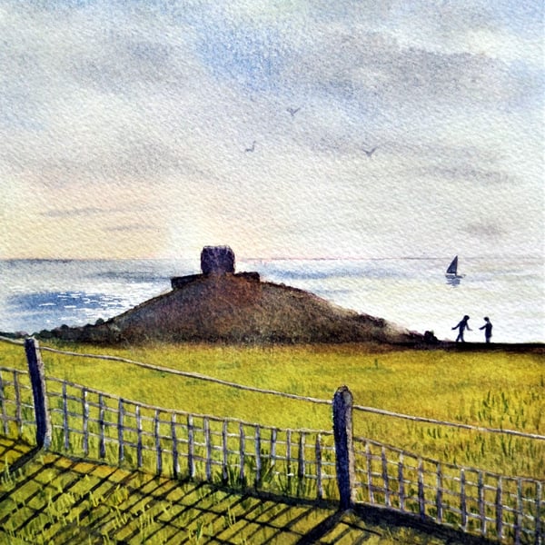 Small watercolour painting, Rame Head, Cornwall in the Late Afternoon