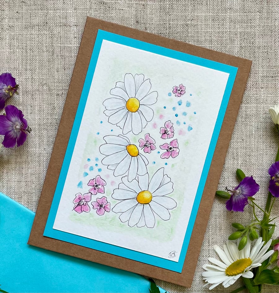 Hand painted blank card, daisy, floral, all occasion card, keepsake card