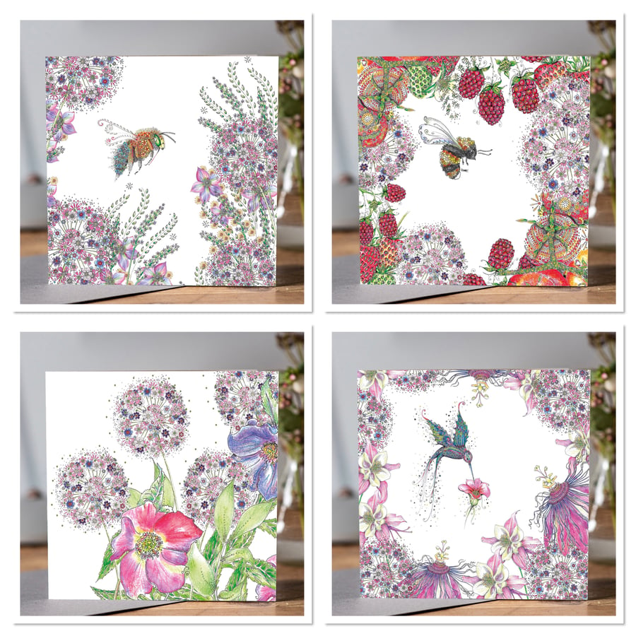 Set of 4 beautiful garden inspired blank greeting cards 