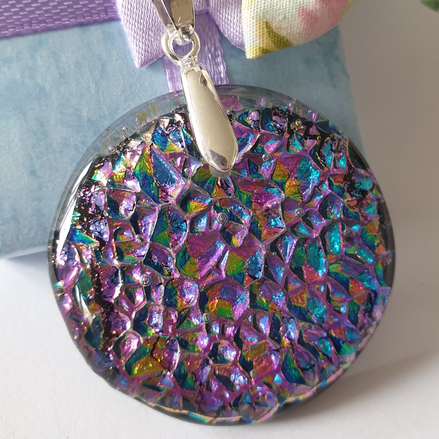 Large Pendant and Silver Plated Chain. Glass Multicolour. Seconds
