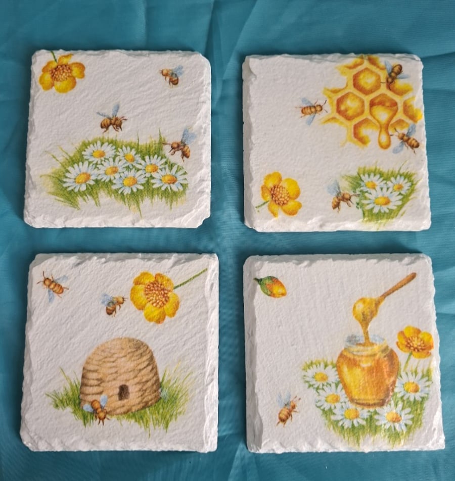 Lovely set of four decoupaged, honey bee coasters.