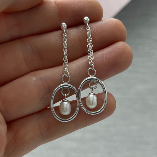 Oval Hoop Pearl Drop Earrings - Handmade, Sterling Silver