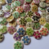 50 x 2-Hole Printed Wooden Buttons - 15mm - Round - Flower - Mixed Colour 