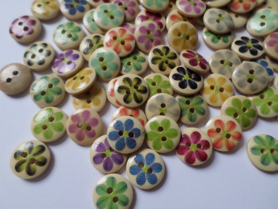 50 x 2-Hole Printed Wooden Buttons - 15mm - Round - Flower - Mixed Colour 