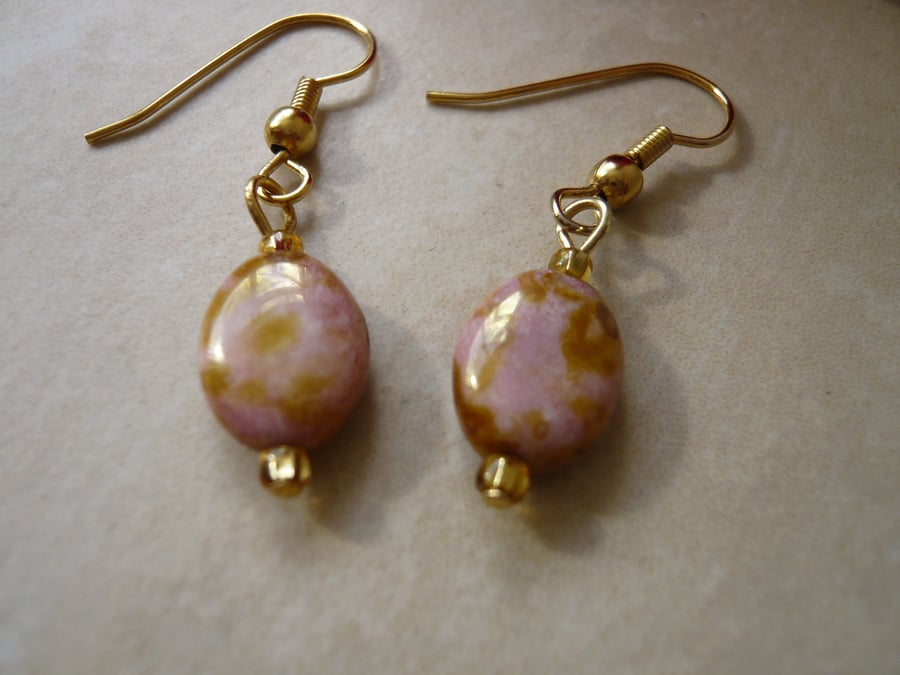 Pink and Gold Oval Bead Earrings