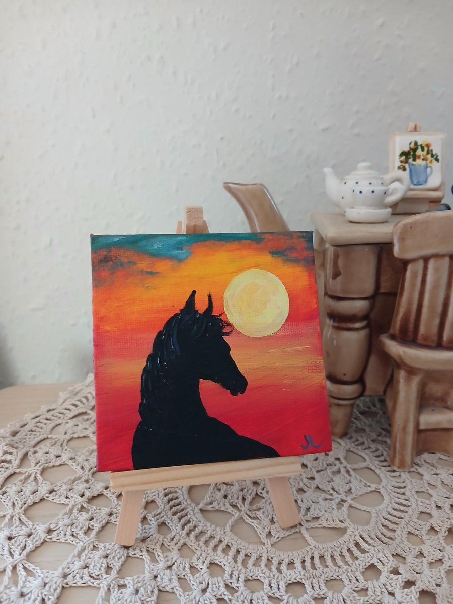 Mini Original Art on Canvas Horse in the Sunset, includes easel