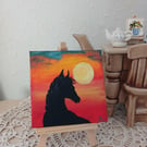 Mini Original Art on Canvas Horse in the Sunset, includes easel