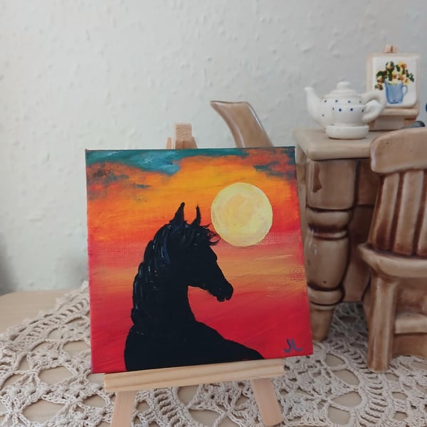 Mini Original Art on Canvas Horse in the Sunset, includes easel