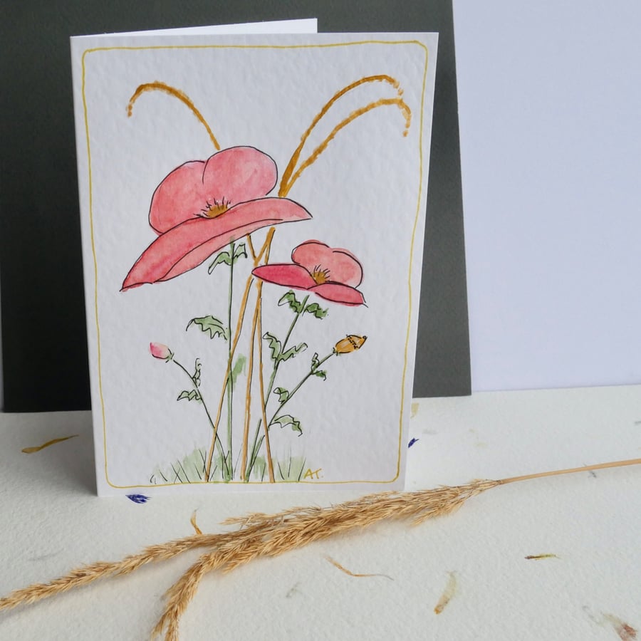 Poppies Wildflower Greetings Card with Envelope - Hand Painted Blank Card