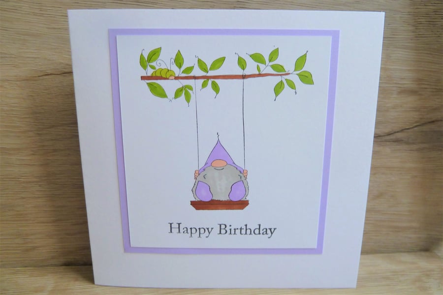 purple gnome on swing, happy birthday card