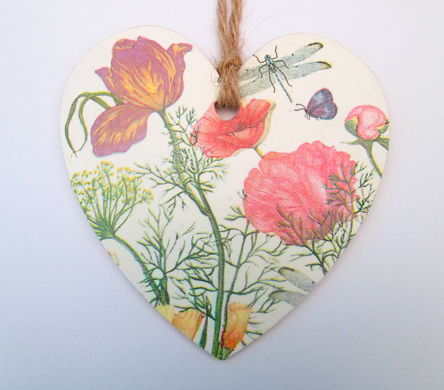 Garden flowers wood decoupage heart hanging decoration