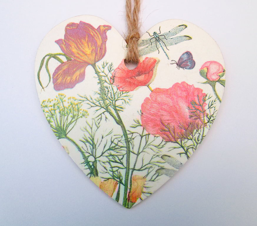 Garden flowers wood decoupage heart hanging decoration